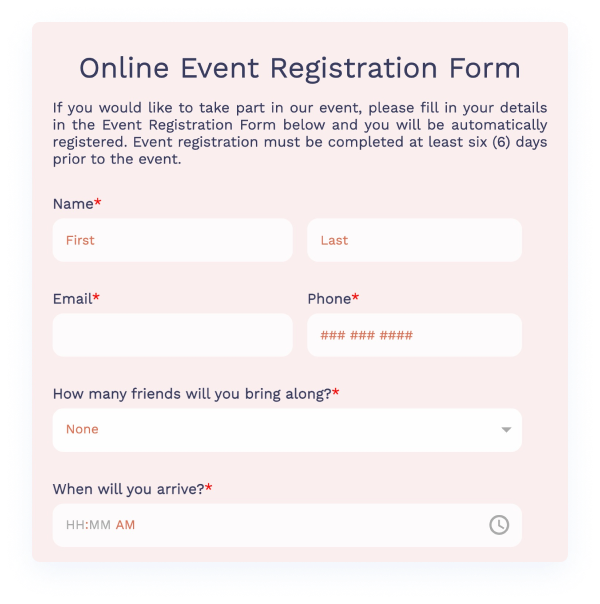 image showing an online event registration form in 123formbuilder
