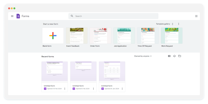 image showing the templates form gallery in google forms