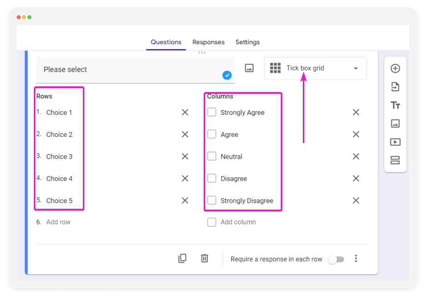 image showing how to use grid questions for relative ranking in google forms