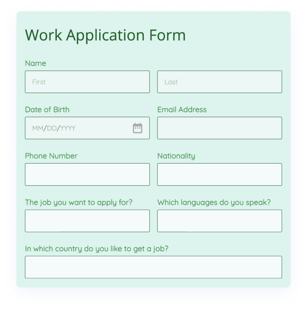 image showing a work application form created in 123formbuilder