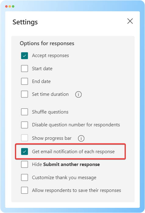 image showing the settings option in Microsoft forms 