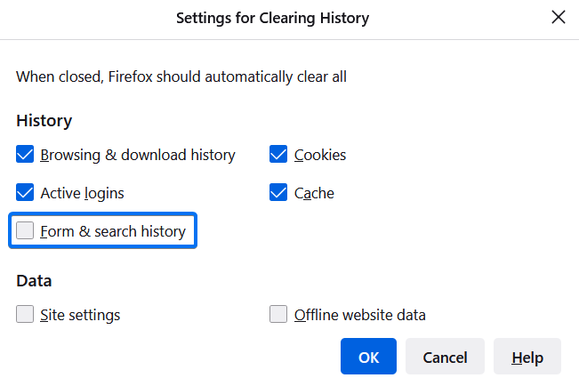 Mozilla form and search history