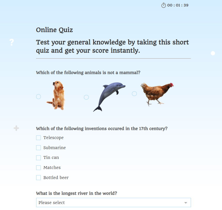 Online quiz form