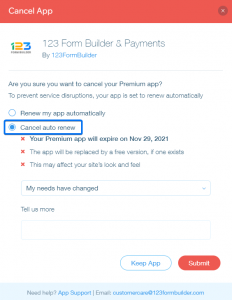 How to downgrade the 123 Form Builder application for Wix? | Help