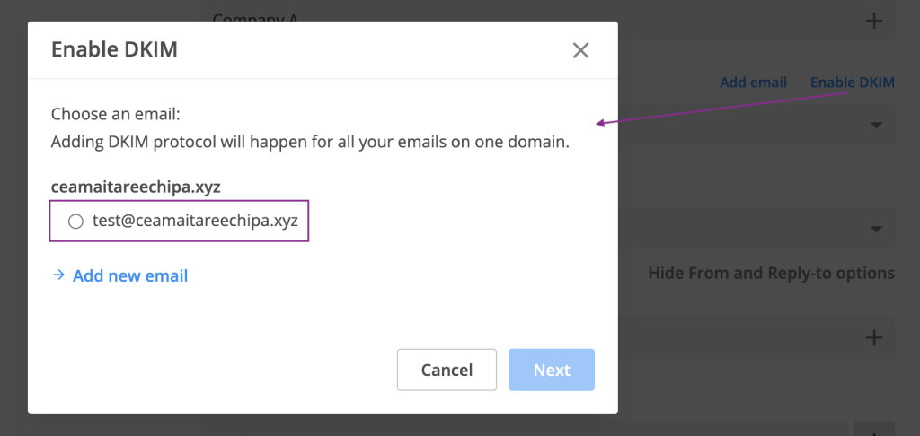 Enable DKIM, and select an email