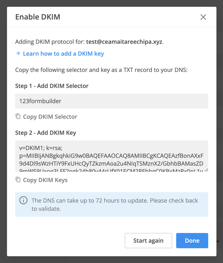 Enable DKIM, add selector and key to a TXT record in your DNS
