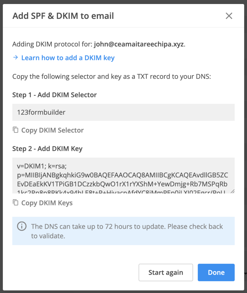 Add SPF & DKIM, add selector and key to a TXT record in your DNS