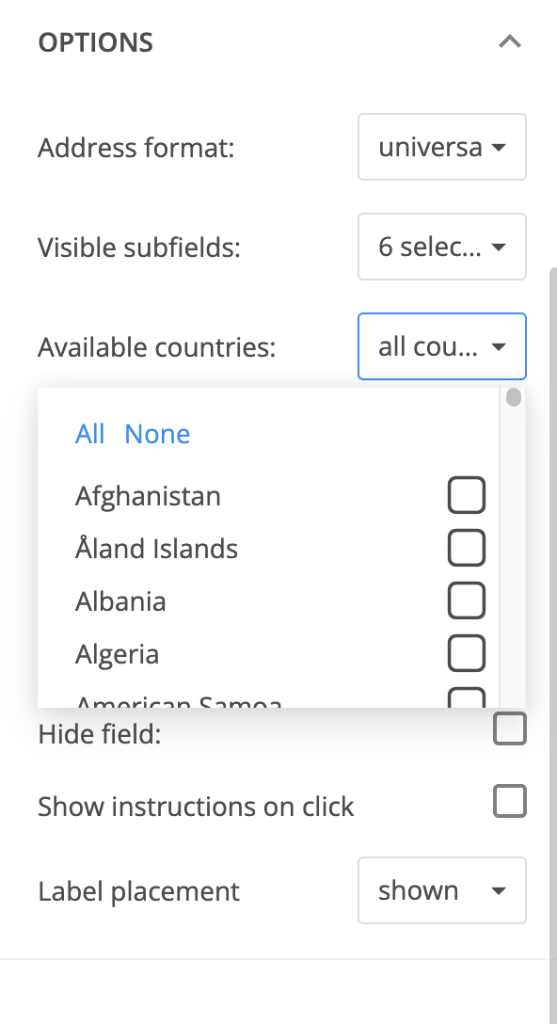Available countries