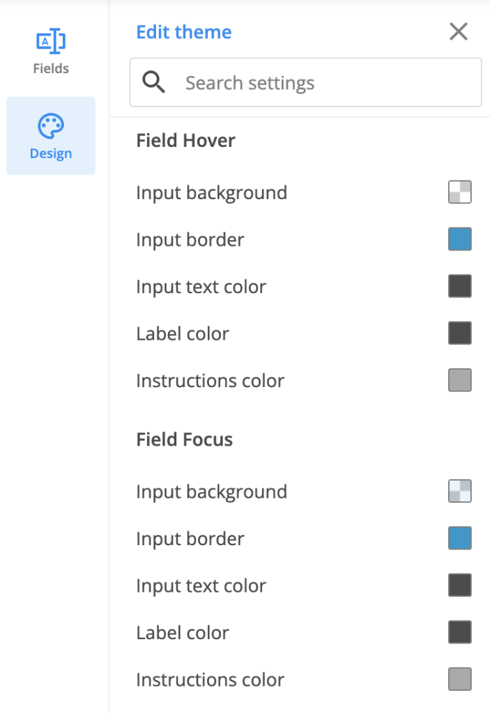 Label field hover focus theme settings