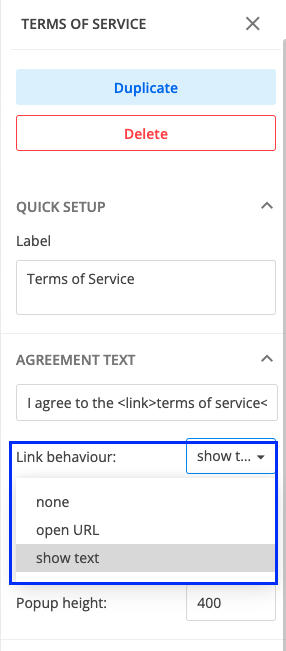 Terms of service show text
