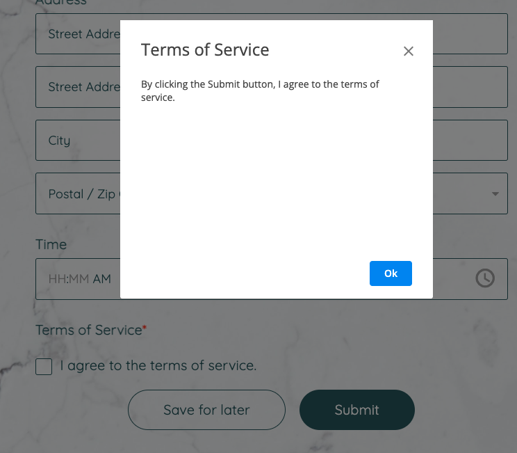 Terms of service lightbox