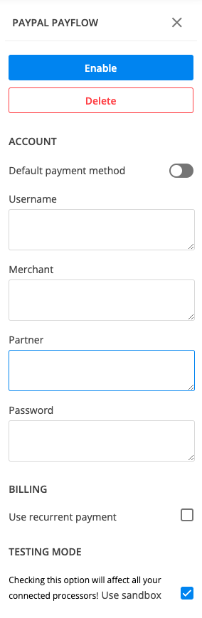 PayPal Payflow settings